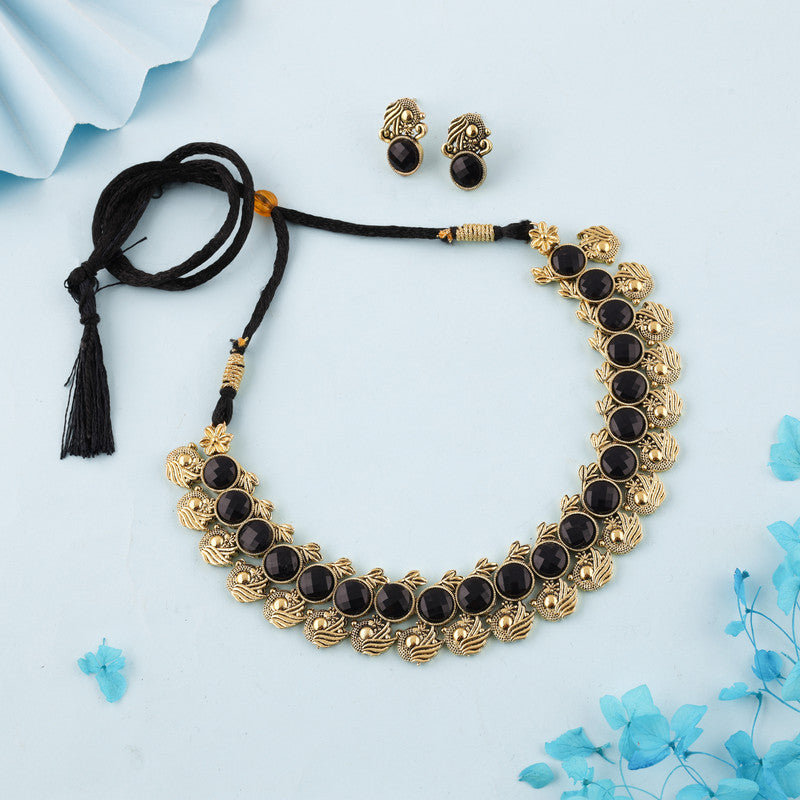Tehzeeb Creations Black Colour Gold-Polished Stone Jewellery Choker Necklace Set With Matching Pair of Stud Earrings - Swadesiicart