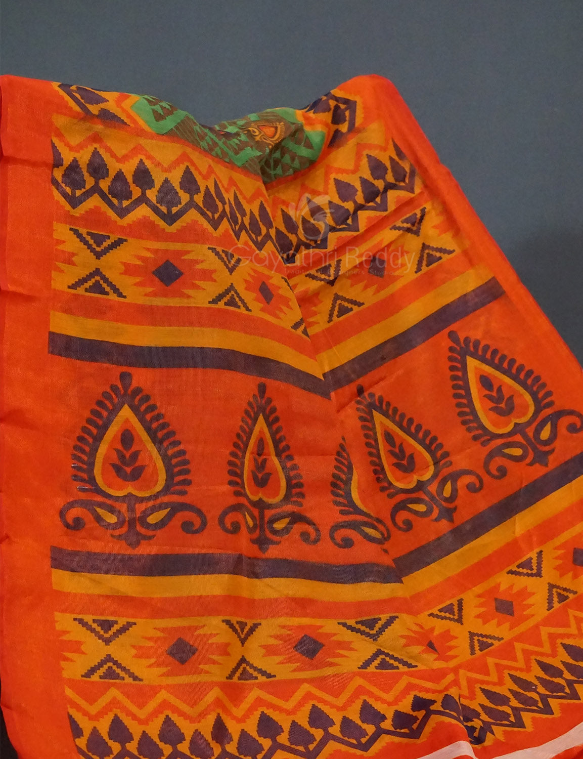 Mehendi Green Colour With Orange Blouse Cotton Brasso Saree By Gayathri Reddy Designer Studio | Swadesiicart