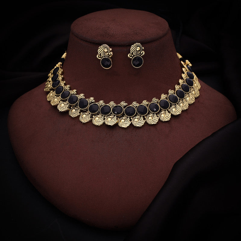 Tehzeeb Creations Black Colour Gold-Polished Stone Jewellery Choker Necklace Set With Matching Pair of Stud Earrings - Swadesiicart