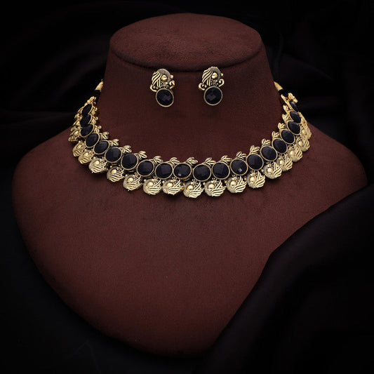 Tehzeeb Creations Black Colour Gold-Polished Stone Jewellery Choker Necklace Set With Matching Pair of Stud Earrings - Swadesiicart
