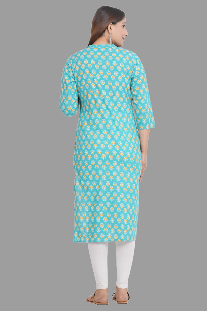 House of RP Women's Turquoise Cotton Floral Print Straight Kurta | Swadesiicart