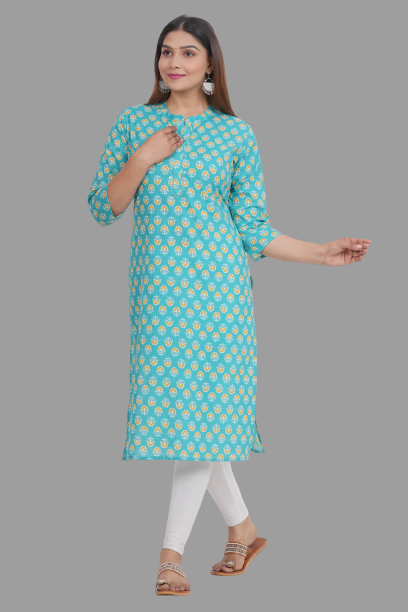 House of RP Women's Turquoise Cotton Floral Print Straight Kurta | Swadesiicart