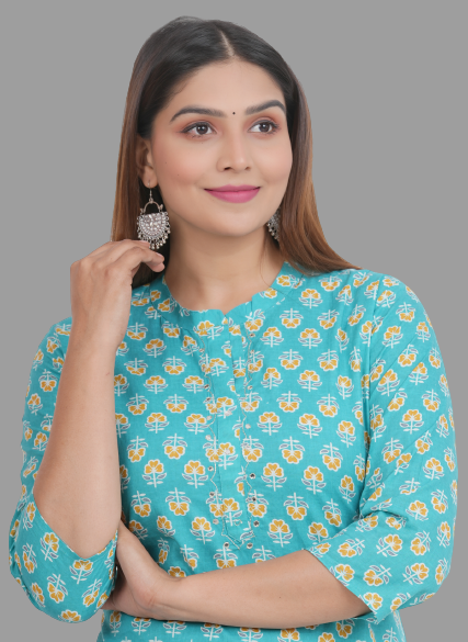 House of RP Women's Turquoise Cotton Floral Print Straight Kurta | Swadesiicart