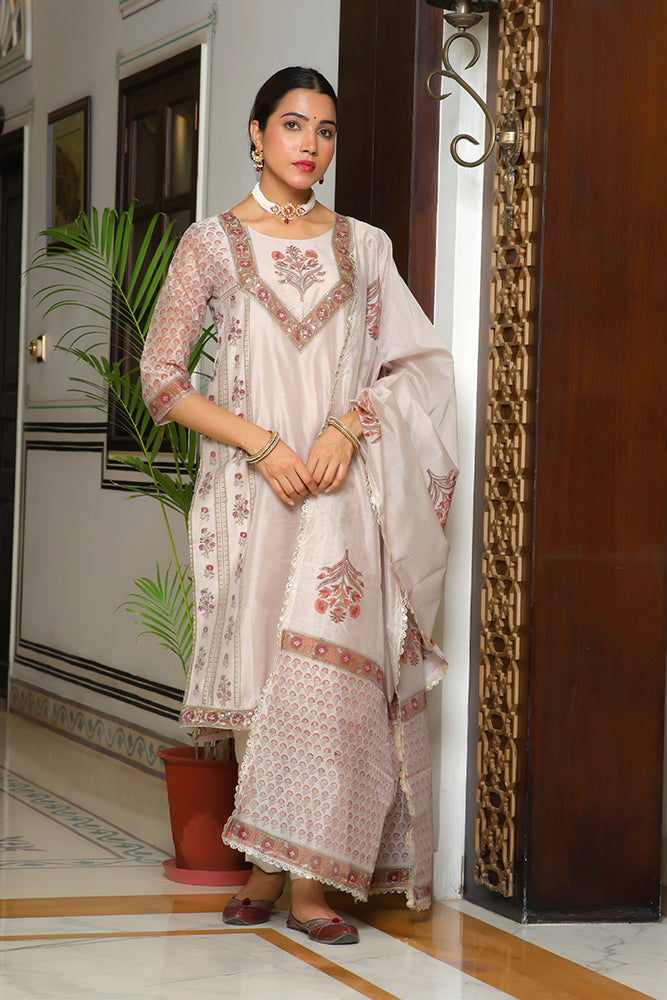 Vaasva Women Grey Chanderi Block Printed Embroidered Kurta Set With Solid Pants & Dupatta | Swadesiicart