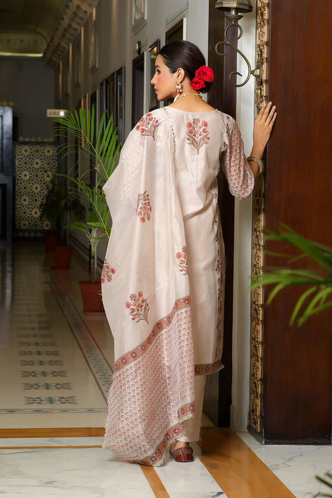 Vaasva Women Grey Chanderi Block Printed Embroidered Kurta Set With Solid Pants & Dupatta | Swadesiicart