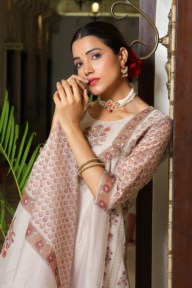 Vaasva Women Grey Chanderi Block Printed Embroidered Kurta Set With Solid Pants & Dupatta | Swadesiicart