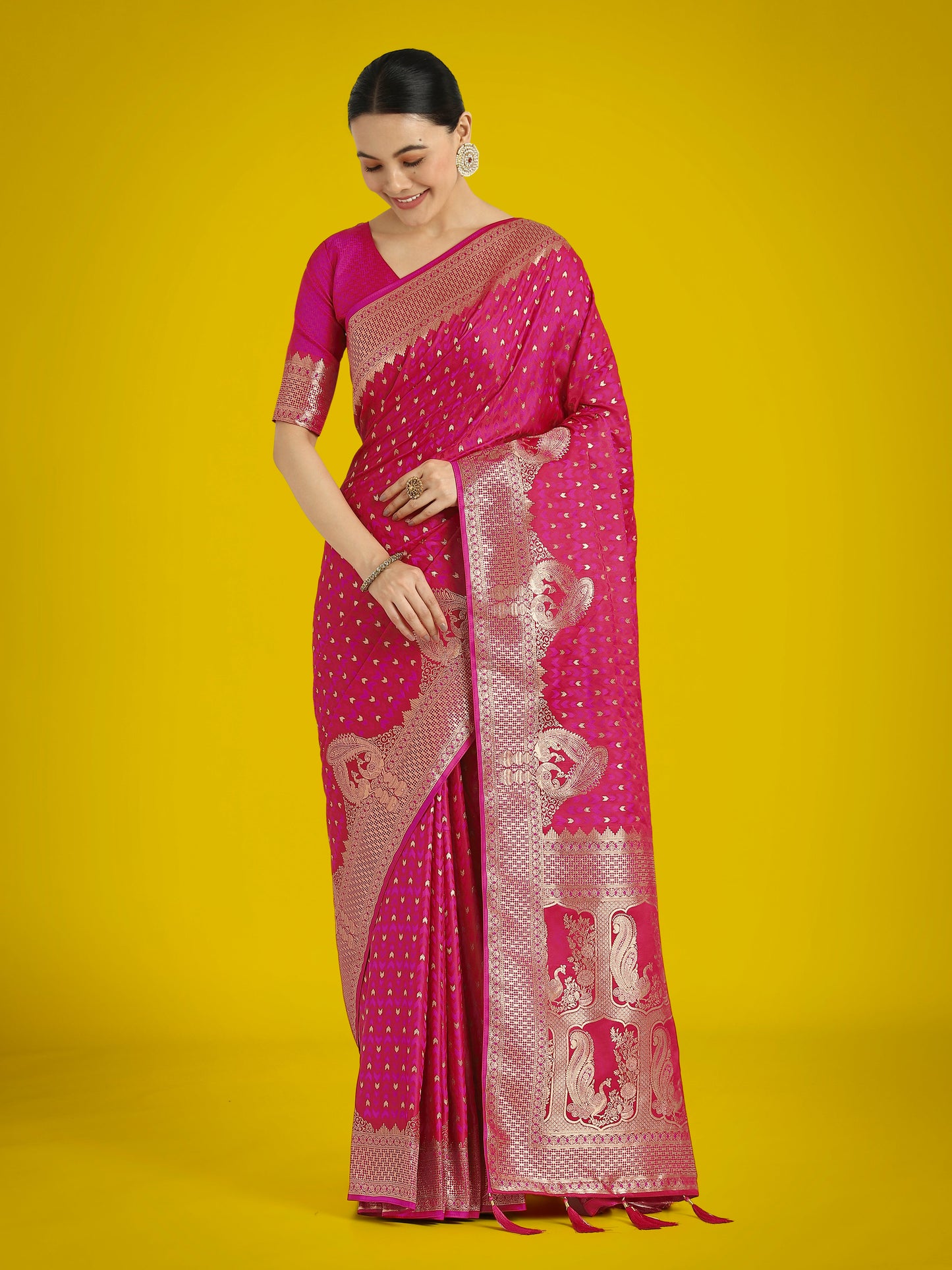 Monjolika Fashion Gorgeous Rani Pink Woven Banarasi Satin Designer Silk Saree | Swadesiicart