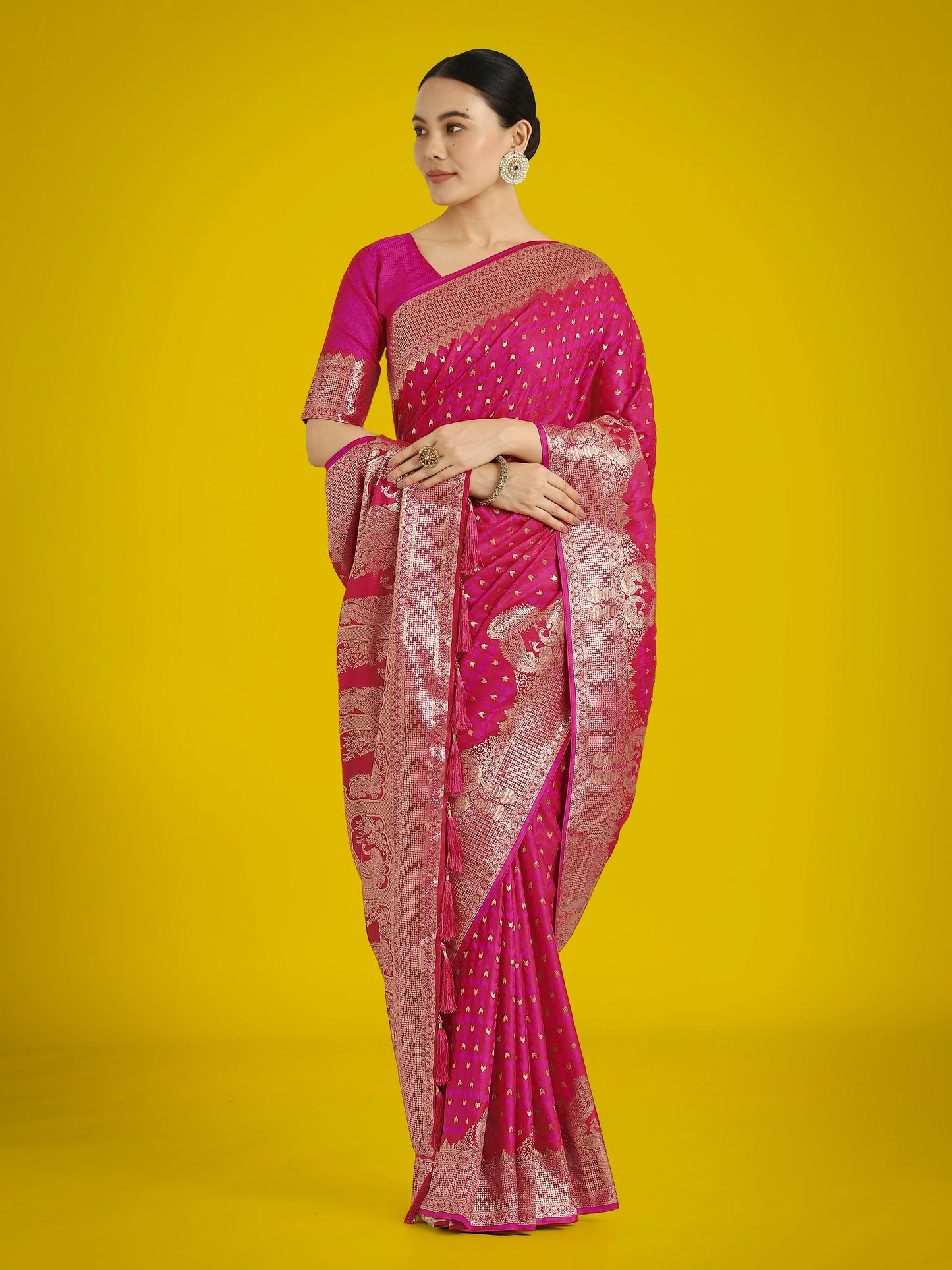 Monjolika Fashion Gorgeous Rani Pink Woven Banarasi Satin Designer Silk Saree | Swadesiicart