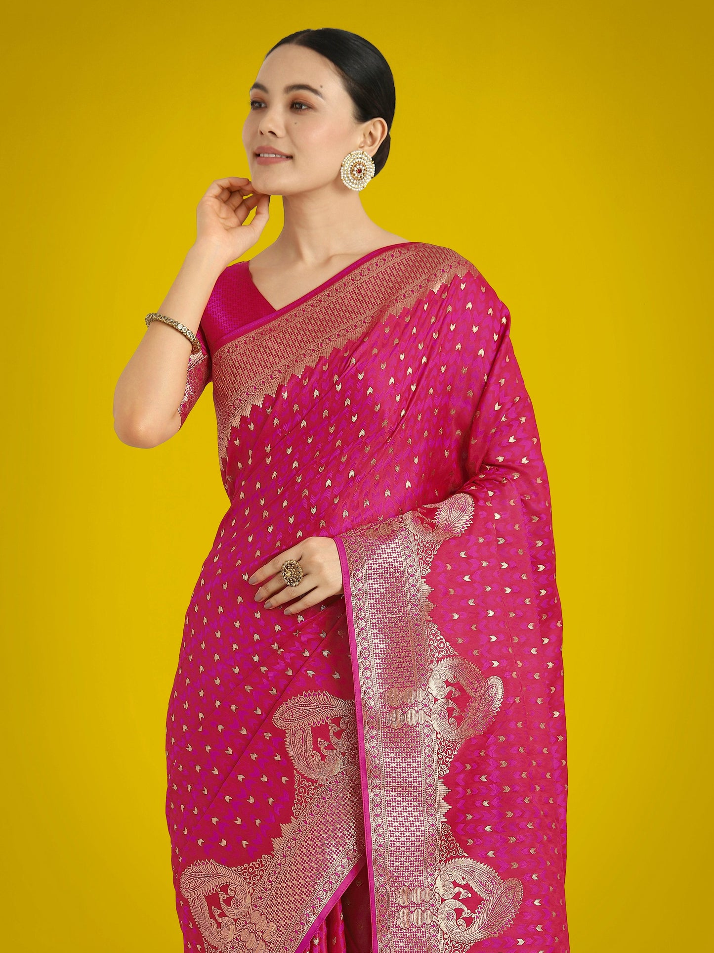 Monjolika Fashion Gorgeous Rani Pink Woven Banarasi Satin Designer Silk Saree | Swadesiicart