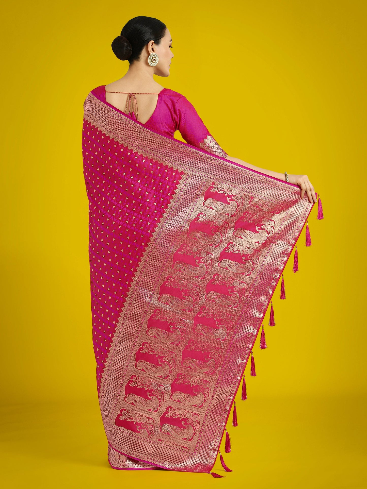 Monjolika Fashion Gorgeous Rani Pink Woven Banarasi Satin Designer Silk Saree | Swadesiicart
