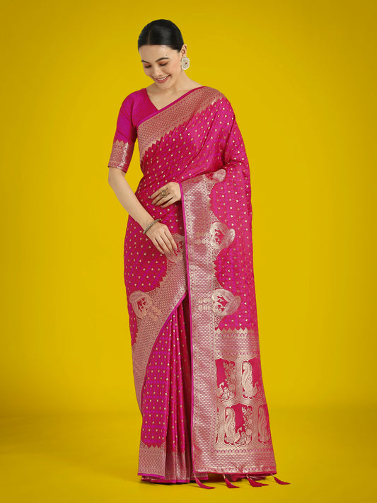 Monjolika Fashion Gorgeous Rani Pink Woven Banarasi Satin Designer Silk Saree | Swadesiicart