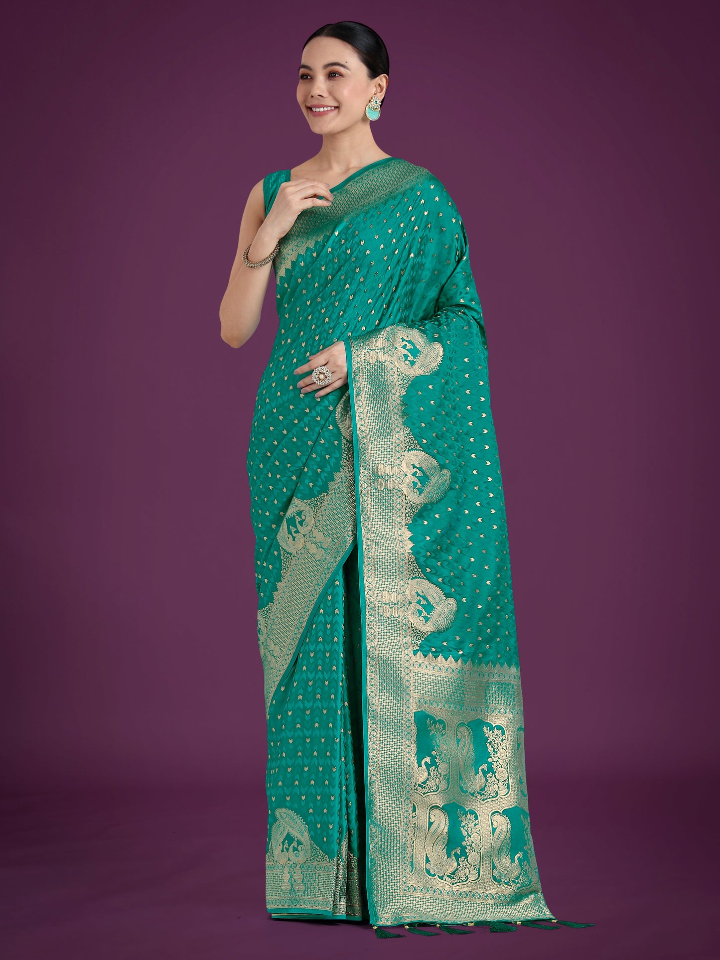 Monjolika Fashion Gorgeous Turquoise Woven Banarasi Satin Designer Silk Saree | Swadesiicart