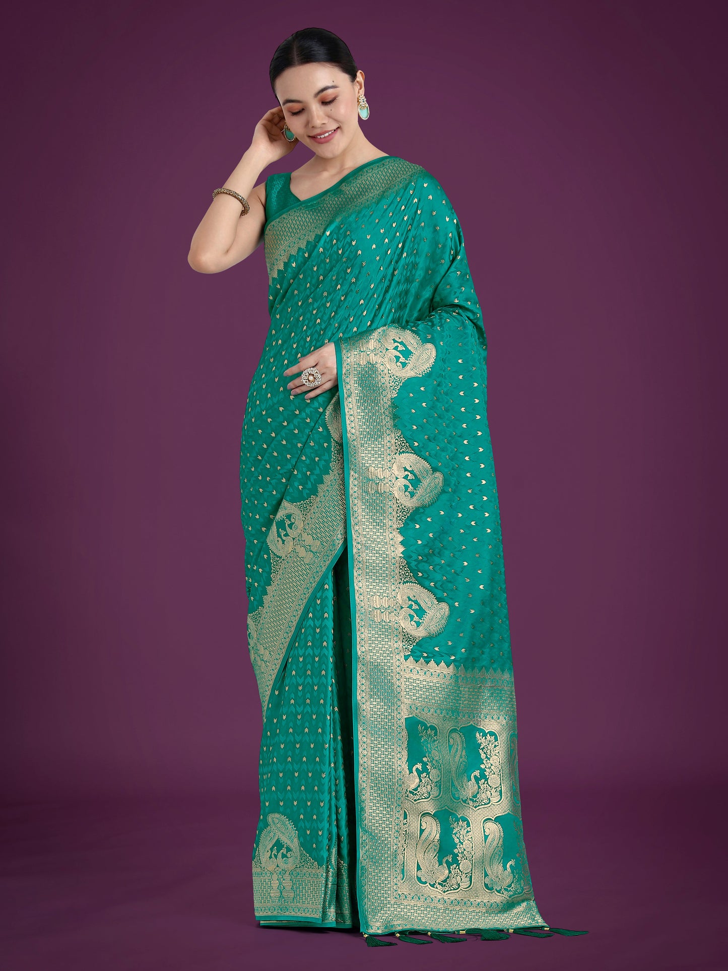 Monjolika Fashion Gorgeous Turquoise Woven Banarasi Satin Designer Silk Saree | Swadesiicart