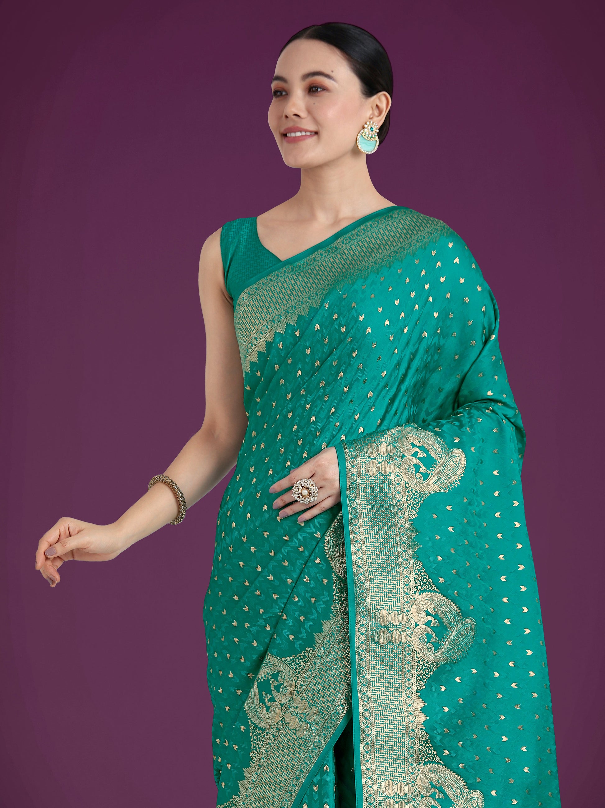 Monjolika Fashion Gorgeous Turquoise Woven Banarasi Satin Designer Silk Saree | Swadesiicart