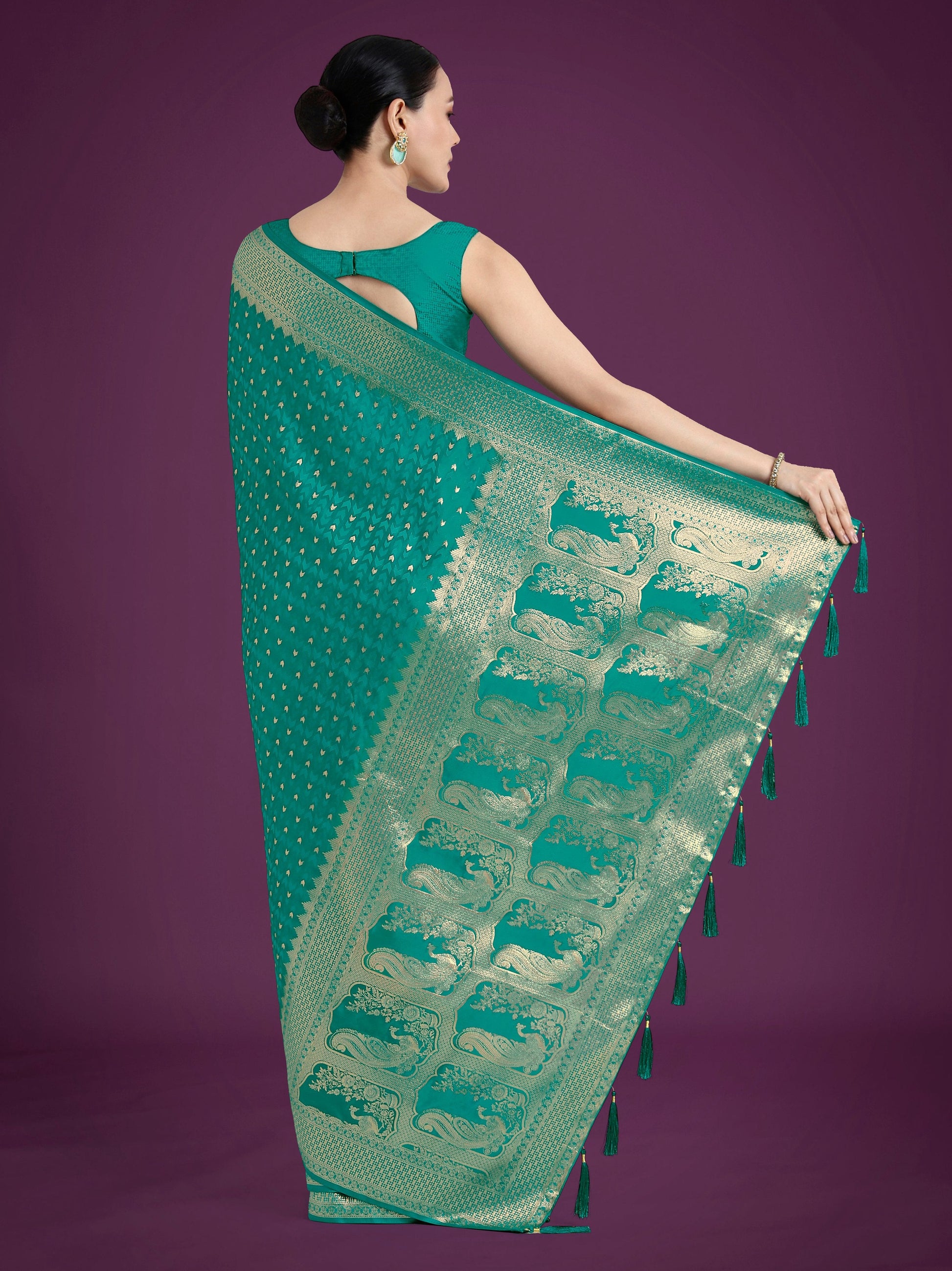 Monjolika Fashion Gorgeous Turquoise Woven Banarasi Satin Designer Silk Saree | Swadesiicart