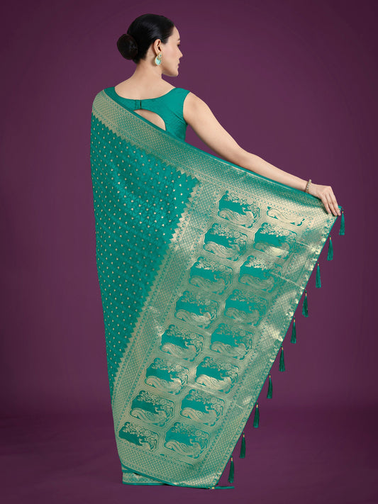 Monjolika Fashion Gorgeous Turquoise Woven Banarasi Satin Designer Silk Saree | Swadesiicart