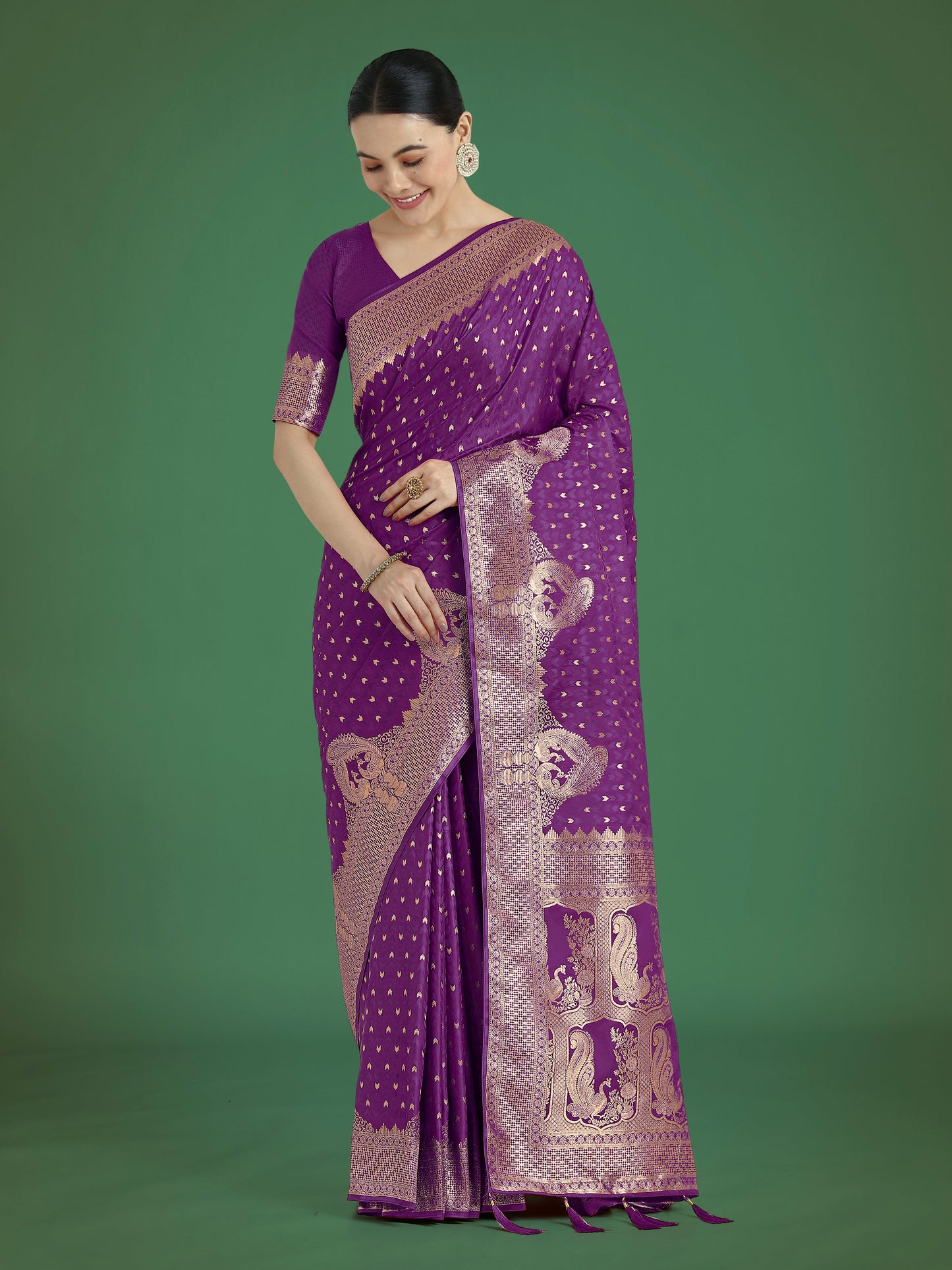 Monjolika Fashion Gorgeous Purple Woven Banarasi Satin Designer Silk Saree | Swadesiicart