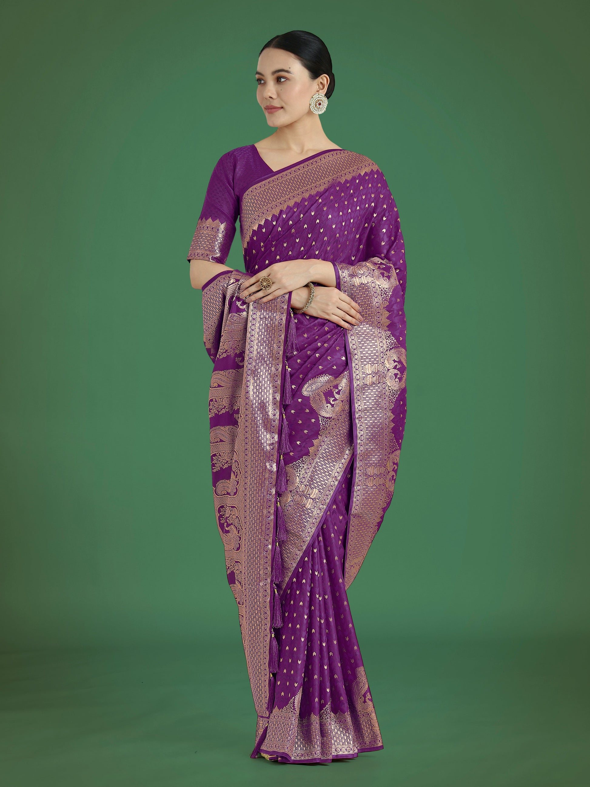 Monjolika Fashion Gorgeous Purple Woven Banarasi Satin Designer Silk Saree | Swadesiicart