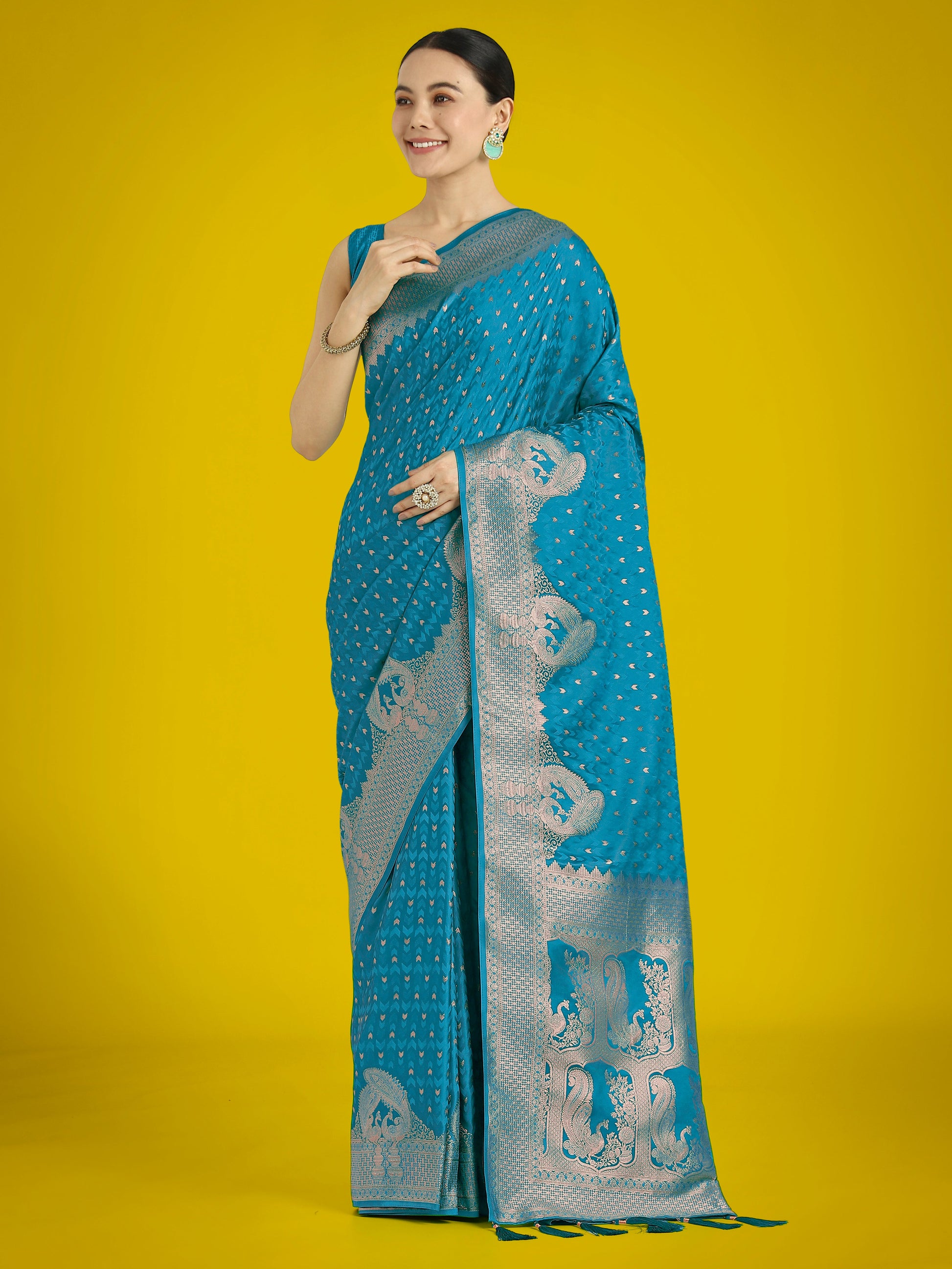 Monjolika Fashion Gorgeous Cyan blue Woven Banarasi Satin Designer Silk Saree | Swadesiicart