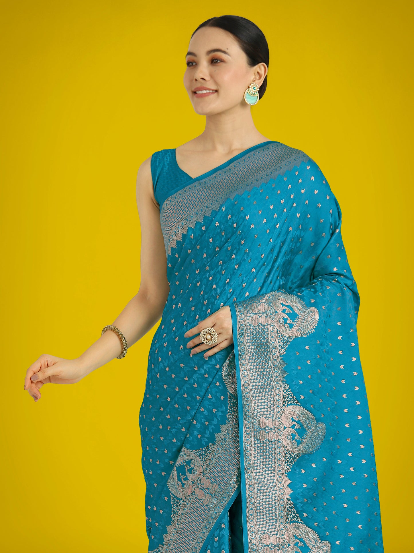 Monjolika Fashion Gorgeous Cyan blue Woven Banarasi Satin Designer Silk Saree | Swadesiicart