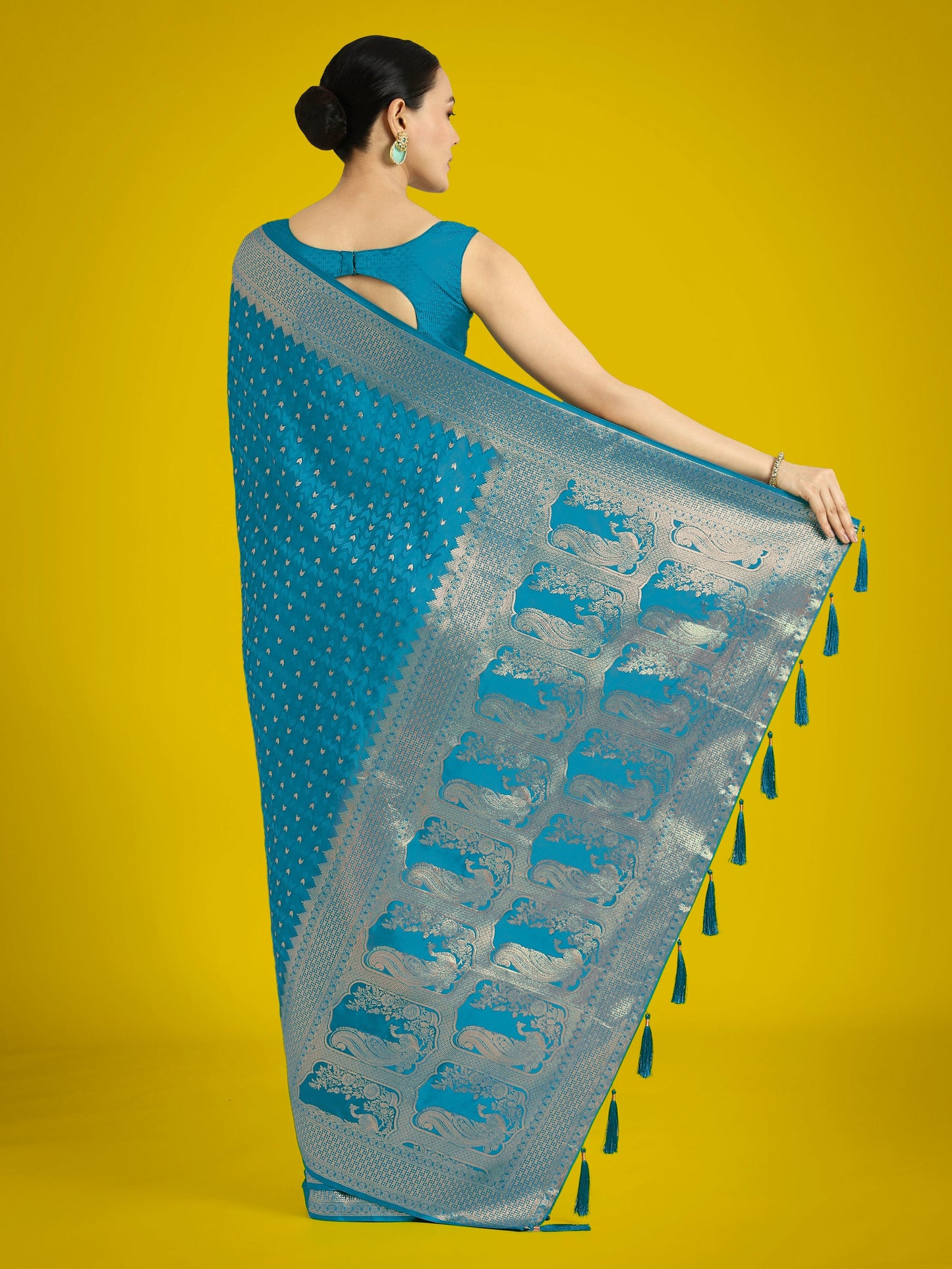Monjolika Fashion Gorgeous Cyan blue Woven Banarasi Satin Designer Silk Saree | Swadesiicart