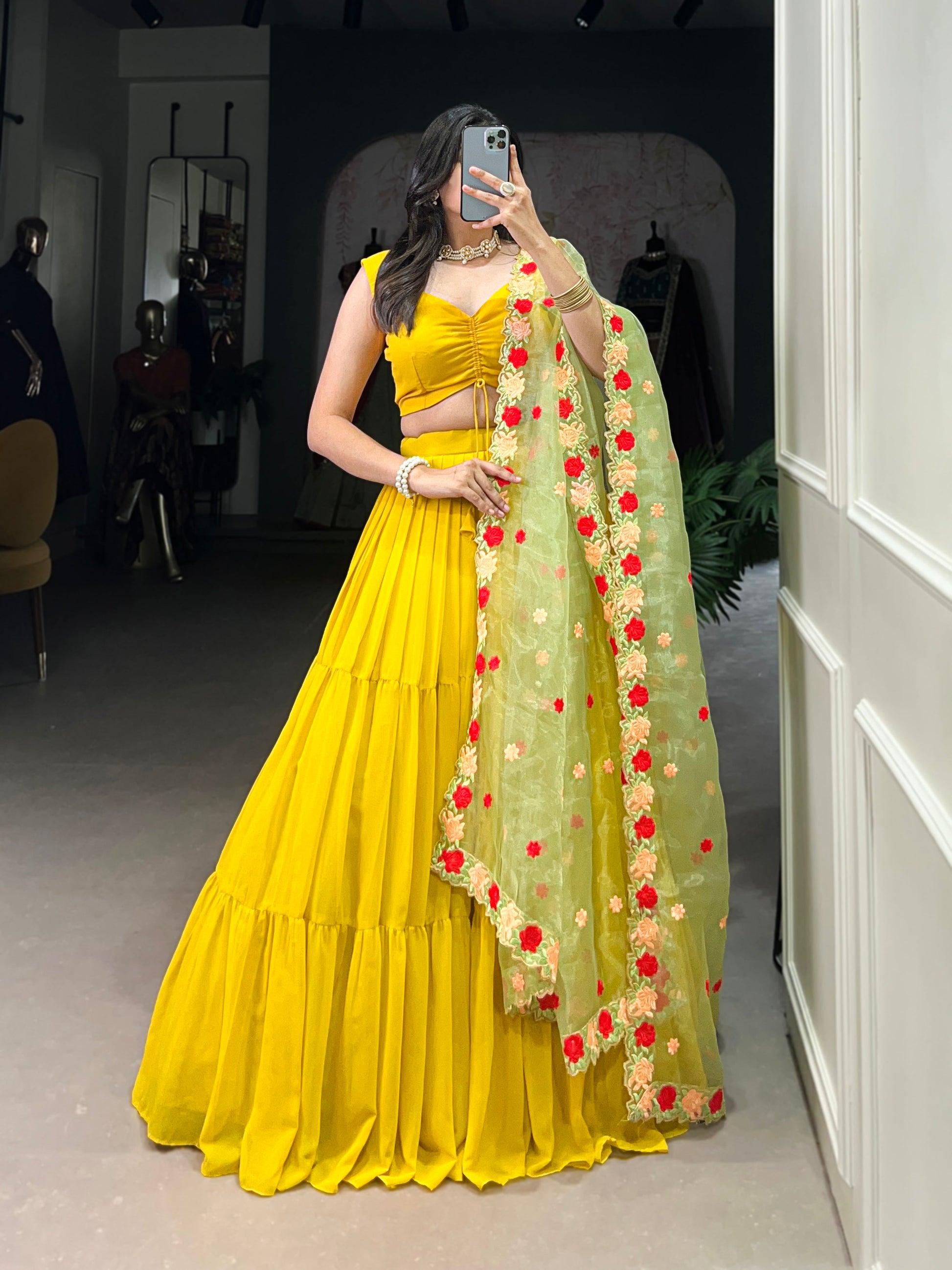 Lorenvalley Yellow Georgette Plain Lehenga Choli with Embroidery work Dupatta | Swadesiicart