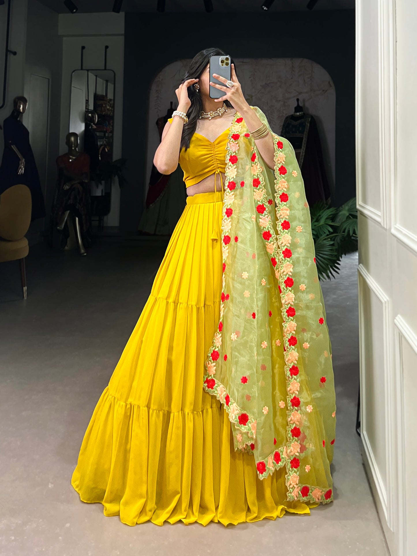 Lorenvalley Yellow Georgette Plain Lehenga Choli with Embroidery work Dupatta | Swadesiicart