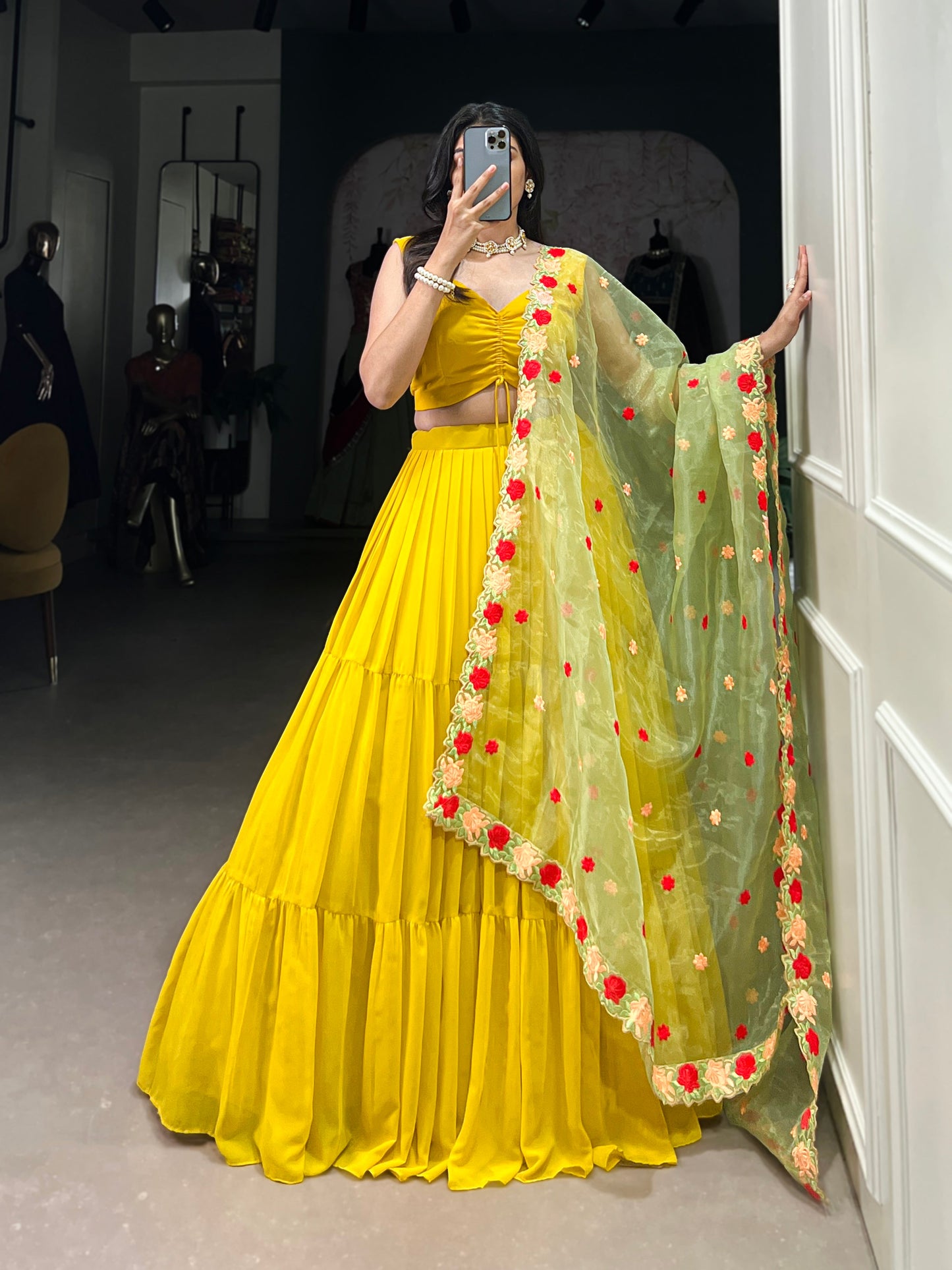 Lorenvalley Yellow Georgette Plain Lehenga Choli with Embroidery work Dupatta | Swadesiicart