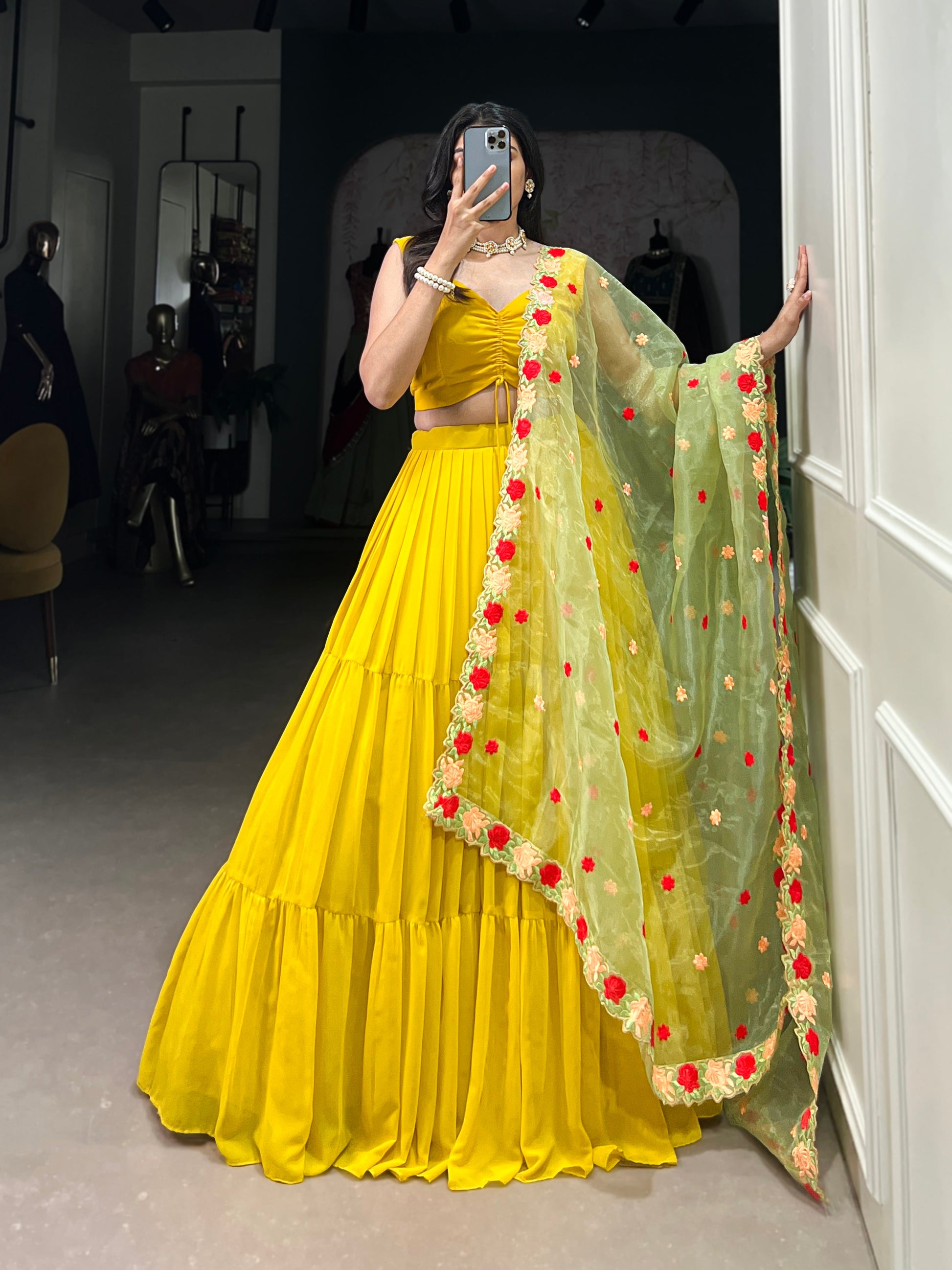Lorenvalley Yellow Georgette Plain Lehenga Choli with Embroidery work Dupatta | Swadesiicart