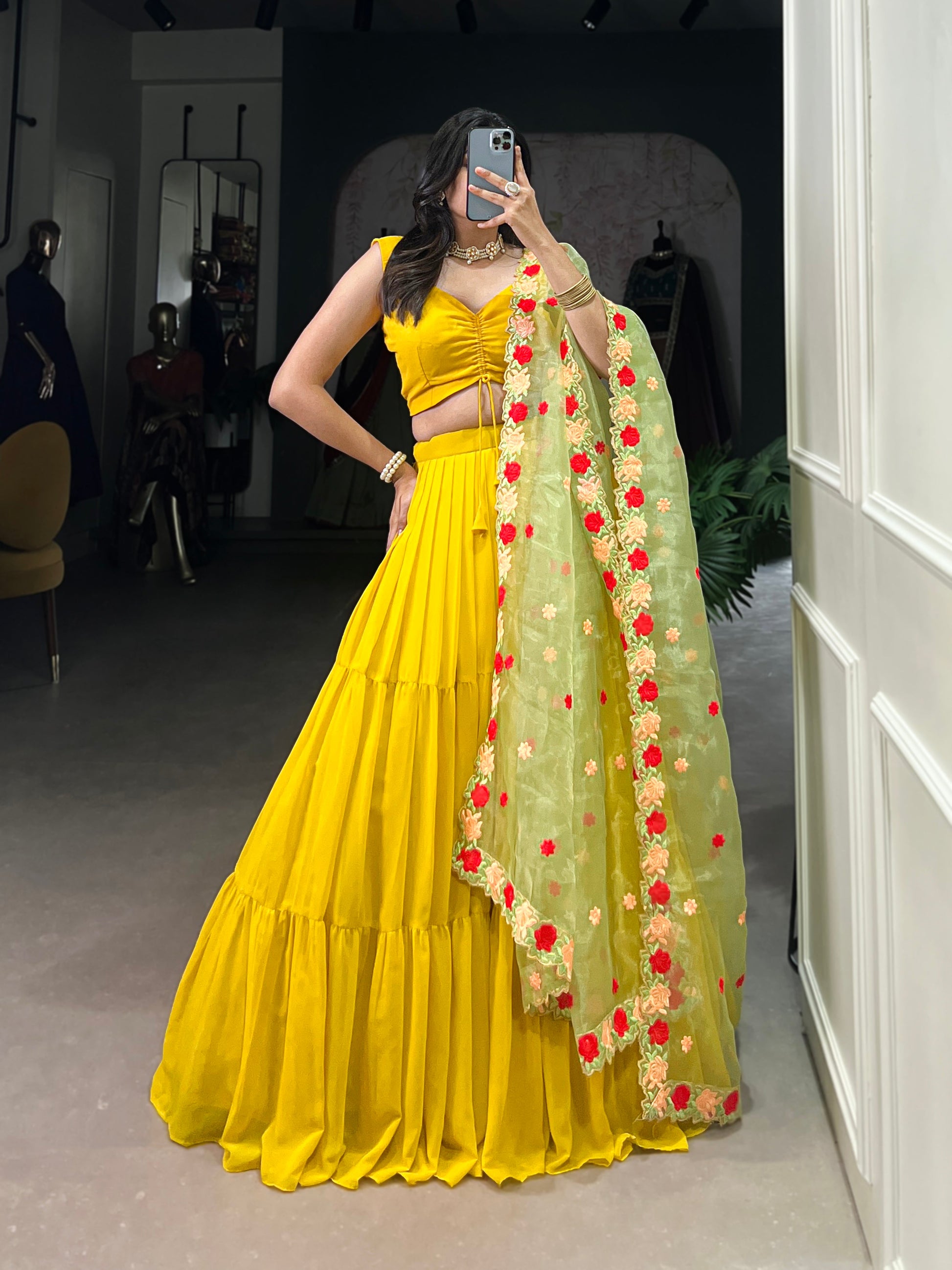 Lorenvalley Yellow Georgette Plain Lehenga Choli with Embroidery work Dupatta | Swadesiicart