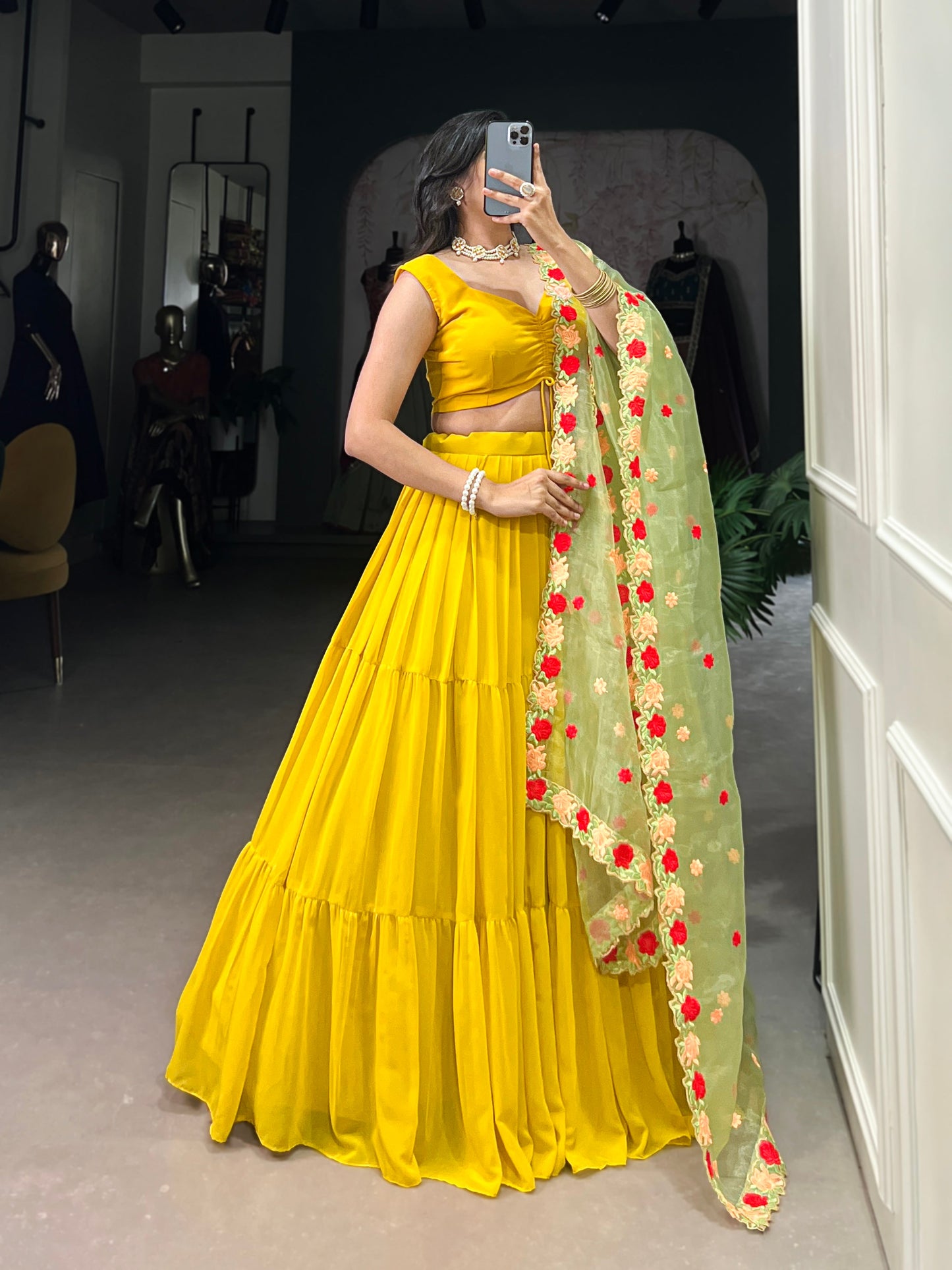 Lorenvalley Yellow Georgette Plain Lehenga Choli with Embroidery work Dupatta | Swadesiicart