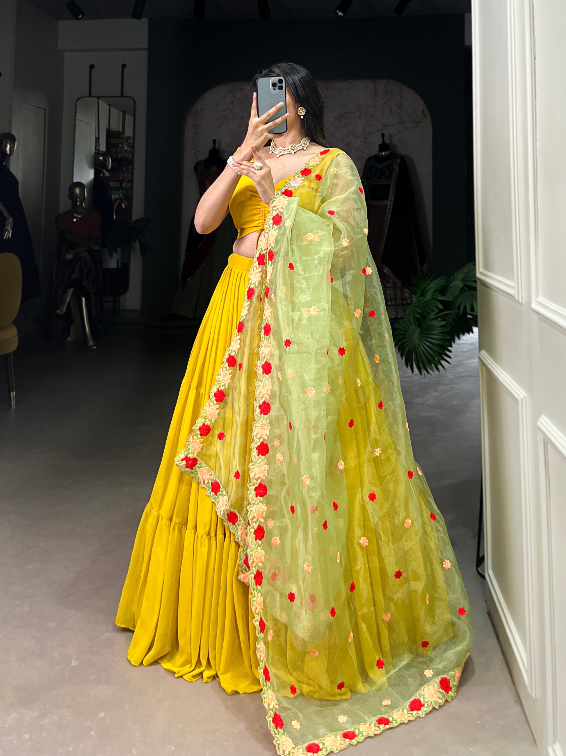 Lorenvalley Yellow Georgette Plain Lehenga Choli with Embroidery work Dupatta | Swadesiicart
