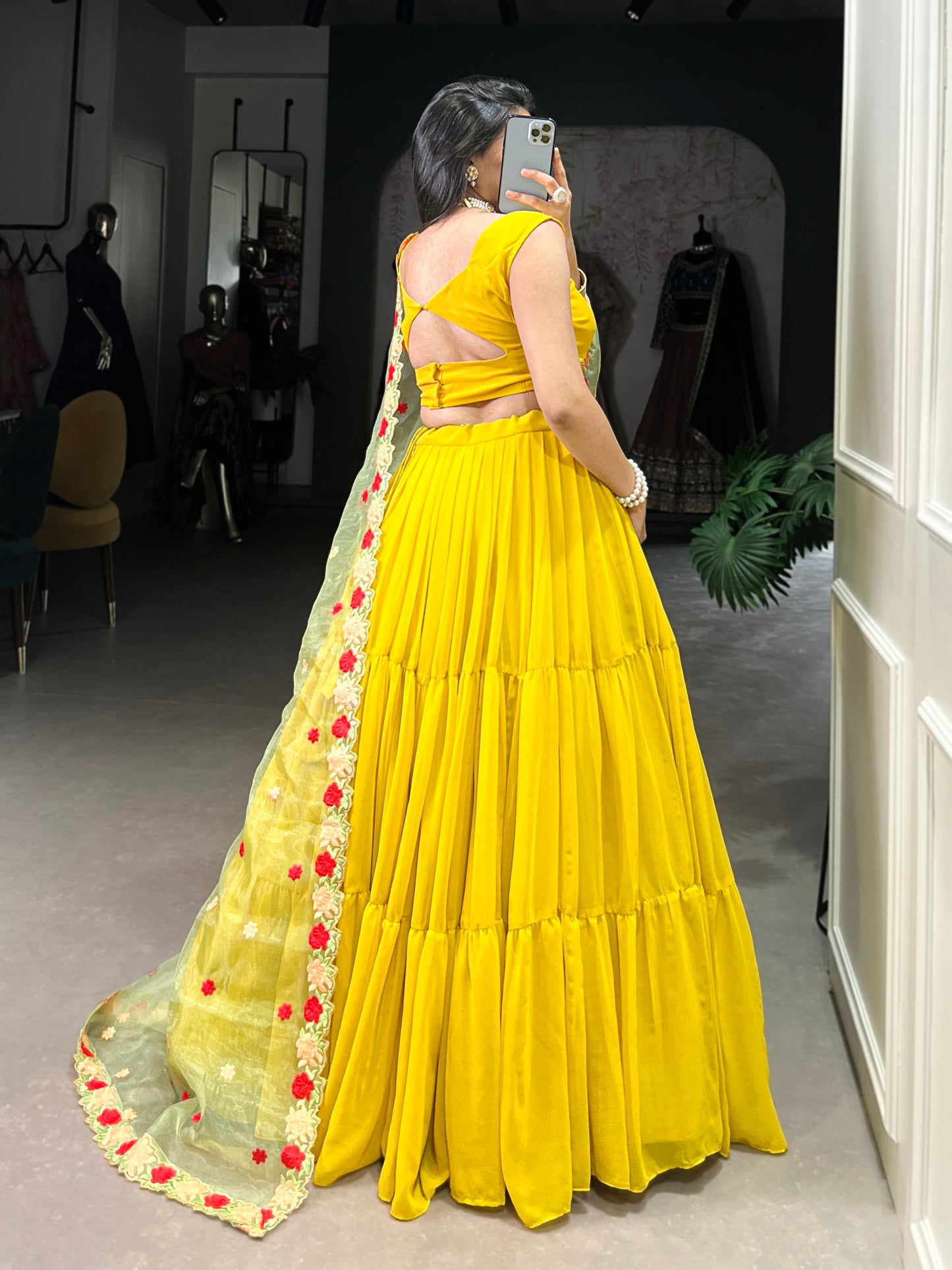 Lorenvalley Yellow Georgette Plain Lehenga Choli with Embroidery work Dupatta | Swadesiicart