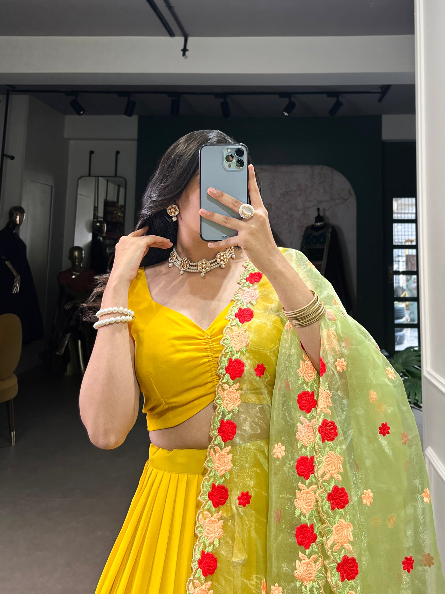 Lorenvalley Yellow Georgette Plain Lehenga Choli with Embroidery work Dupatta | Swadesiicart