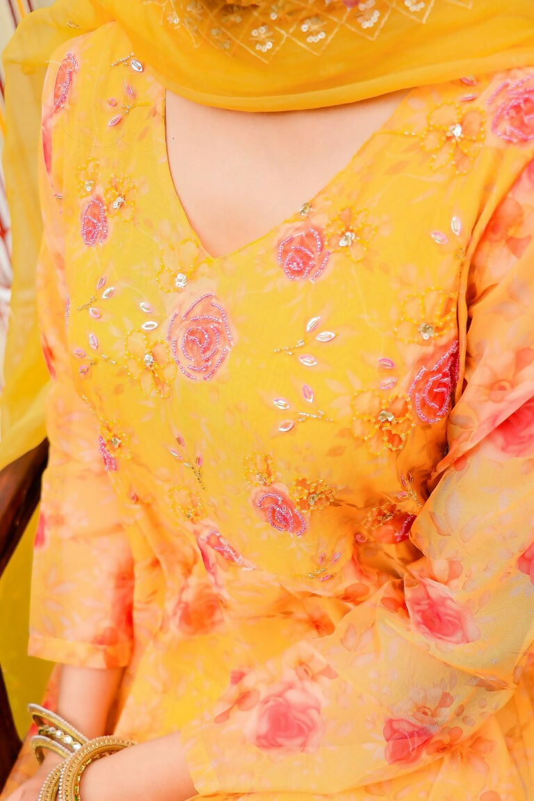 Vaasva Women Yellow Organza Floral Embroidered Anarkali Kurta, Pant & Dupatta set | Swadesiicart