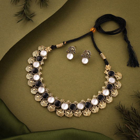 Tehzeeb Creations Black And White Colour Gold-Polished Stone Jewellery Choker Necklace Set With Matching Pair of Stud Earrings - Swadesiicart