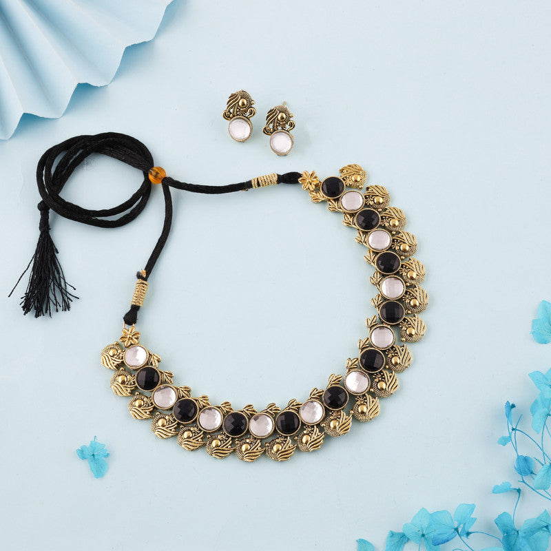 Tehzeeb Creations Black And White Colour Gold-Polished Stone Jewellery Choker Necklace Set With Matching Pair of Stud Earrings - Swadesiicart