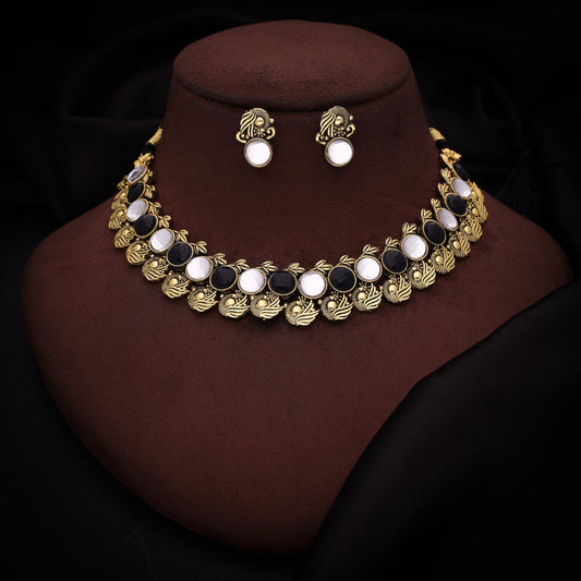 Tehzeeb Creations Black And White Colour Gold-Polished Stone Jewellery Choker Necklace Set With Matching Pair of Stud Earrings - Swadesiicart