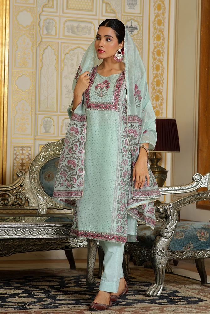 Vaasva Women Teal Chanderi Block Printed Embroidered Kurta Set With Solid Pants & Dupatta | Swadesiicart