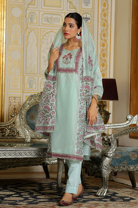 Vaasva Women Teal Chanderi Block Printed Embroidered Kurta Set With Solid Pants & Dupatta | Swadesiicart