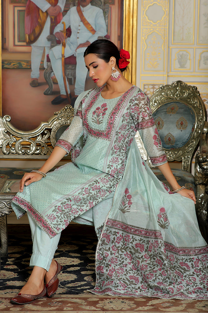 Vaasva Women Teal Chanderi Block Printed Embroidered Kurta Set With Solid Pants & Dupatta | Swadesiicart