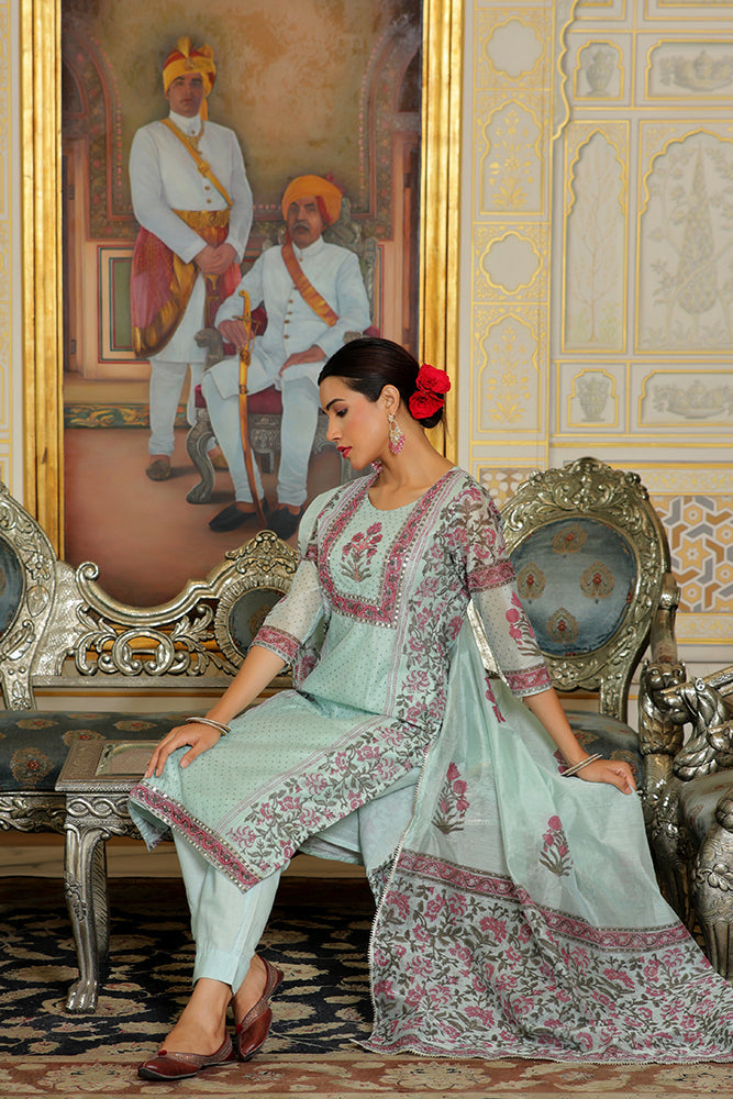 Vaasva Women Teal Chanderi Block Printed Embroidered Kurta Set With Solid Pants & Dupatta | Swadesiicart