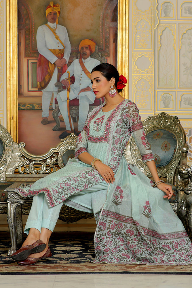 Vaasva Women Teal Chanderi Block Printed Embroidered Kurta Set With Solid Pants & Dupatta | Swadesiicart