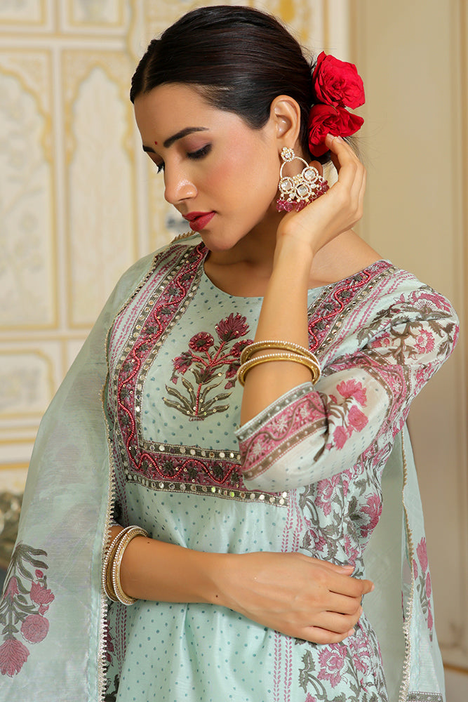 Vaasva Women Teal Chanderi Block Printed Embroidered Kurta Set With Solid Pants & Dupatta | Swadesiicart