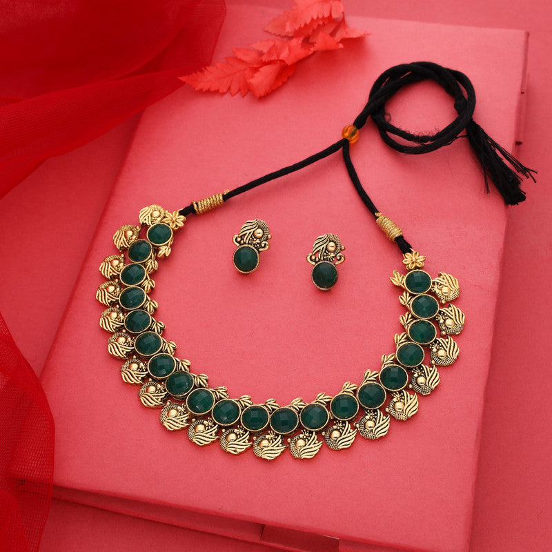 Tehzeeb Creations Green Colour Gold-Polished Stone Jewellery Choker Necklace Set With Matching Pair of Stud Earrings - Swadesiicart
