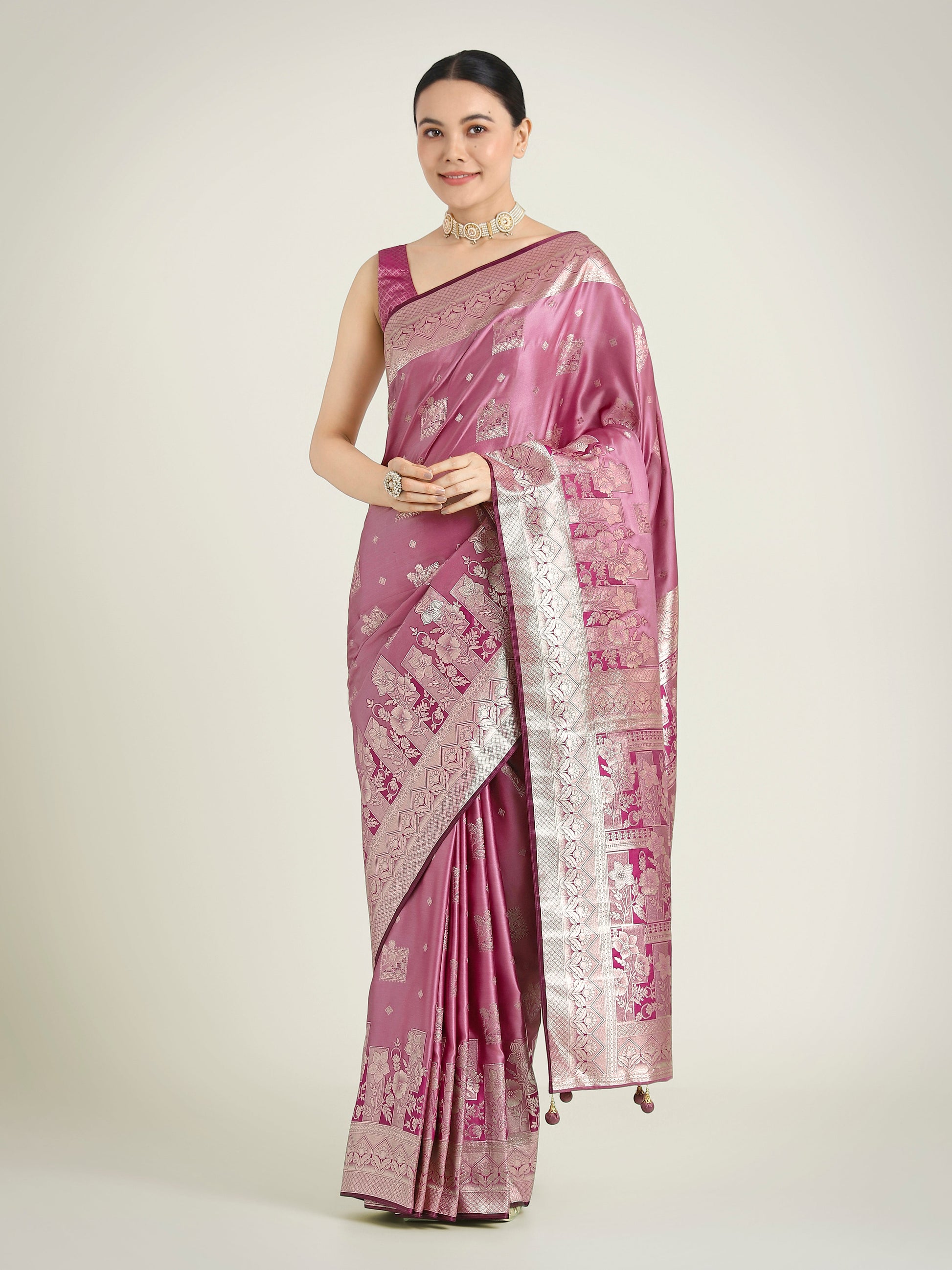 Monjolika Fashion Rose Pink Color Banarasi Satin Silk Zari Weaving Festival Saree | Swadesiicart