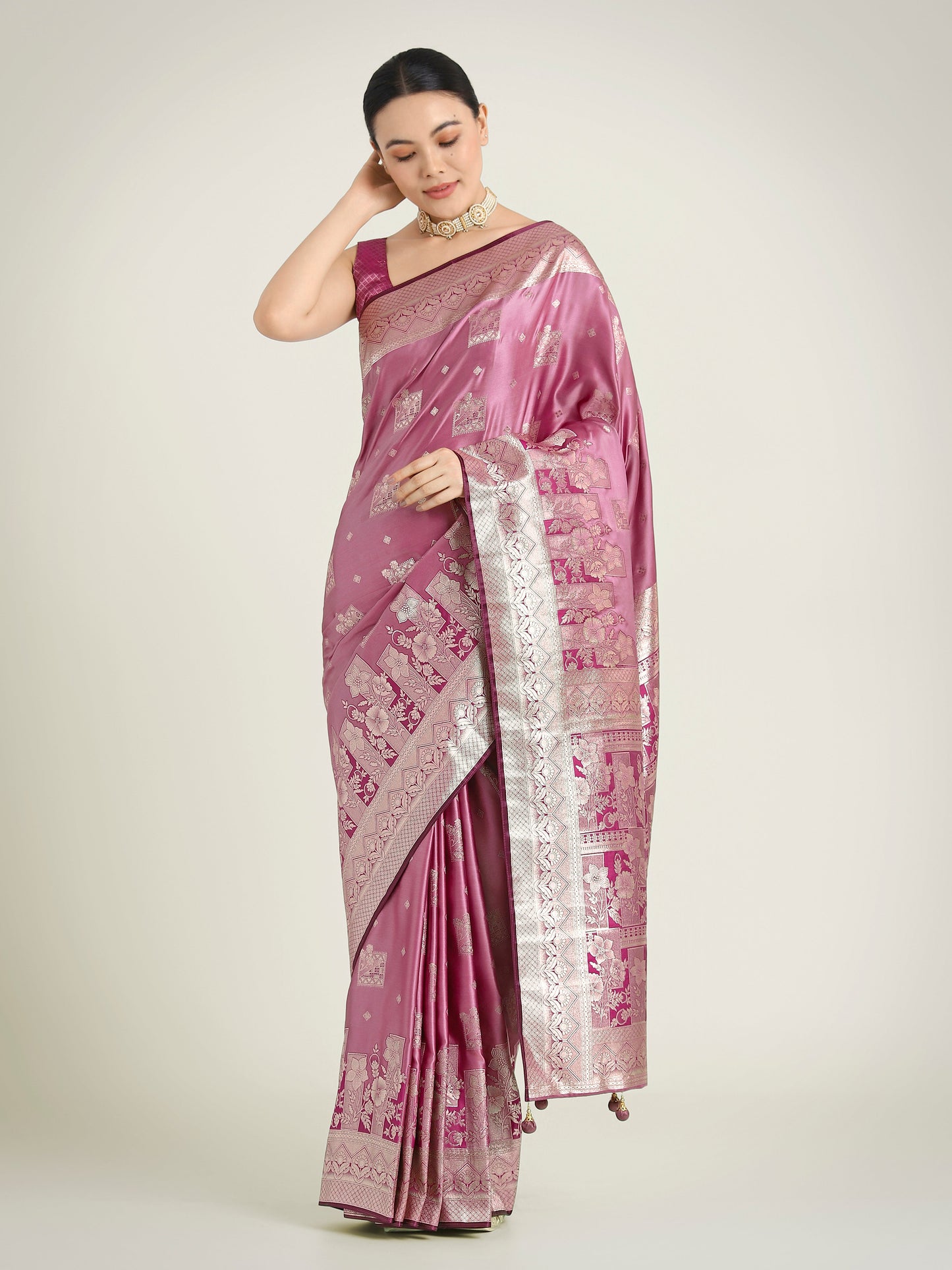 Monjolika Fashion Rose Pink Color Banarasi Satin Silk Zari Weaving Festival Saree | Swadesiicart
