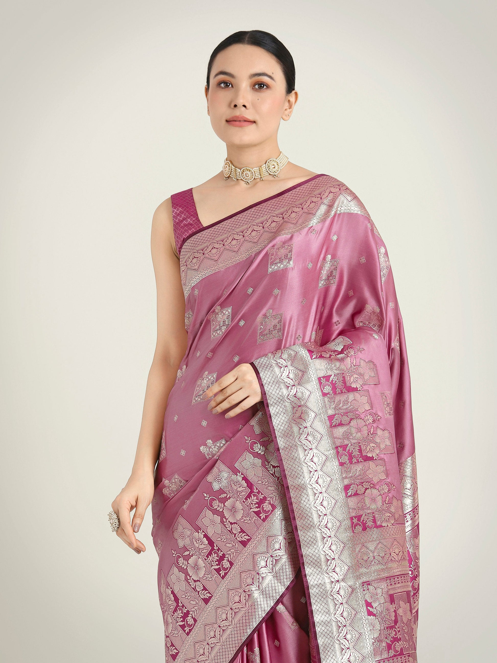 Monjolika Fashion Rose Pink Color Banarasi Satin Silk Zari Weaving Festival Saree | Swadesiicart