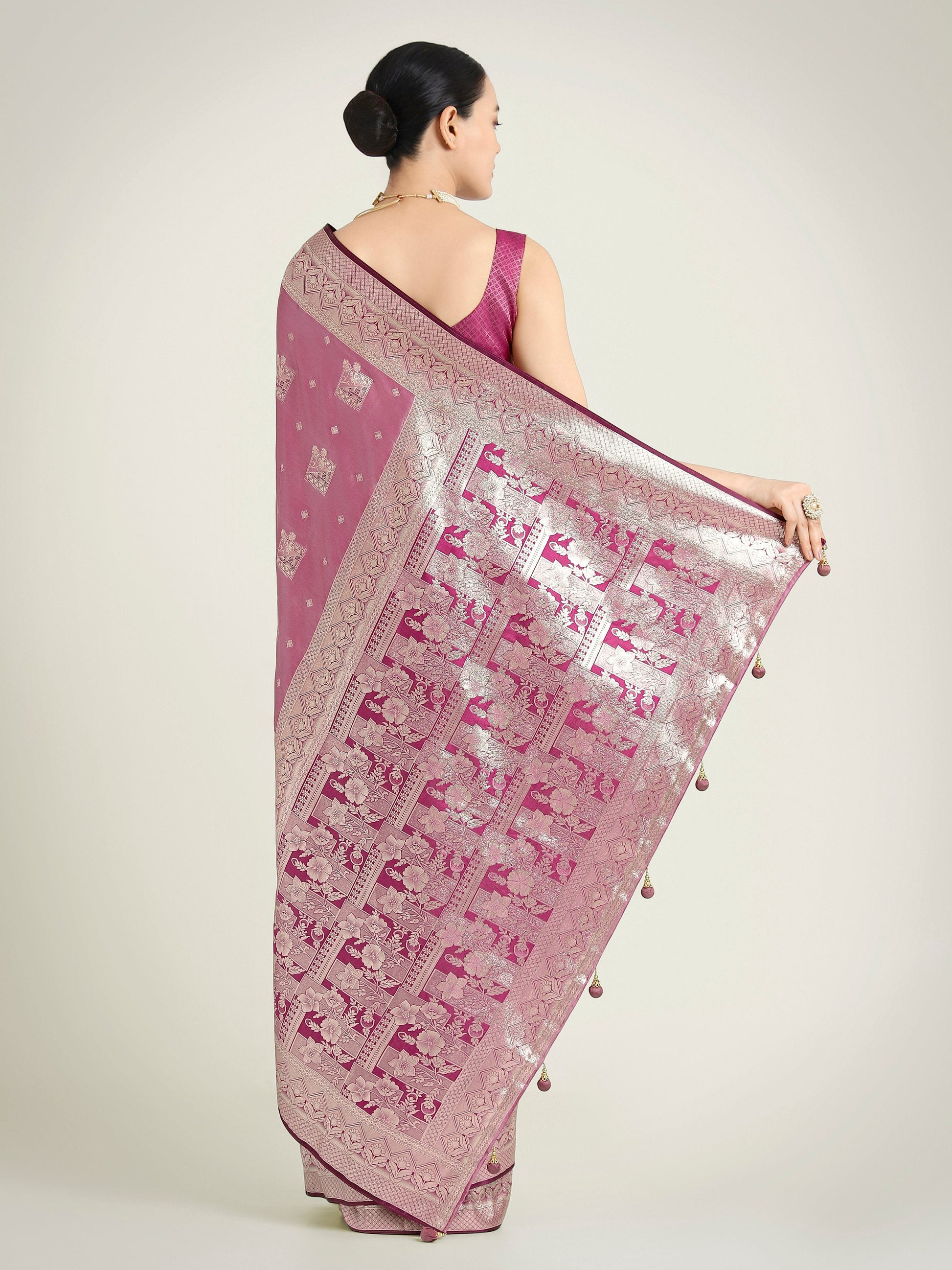 Monjolika Fashion Rose Pink Color Banarasi Satin Silk Zari Weaving Festival Saree | Swadesiicart