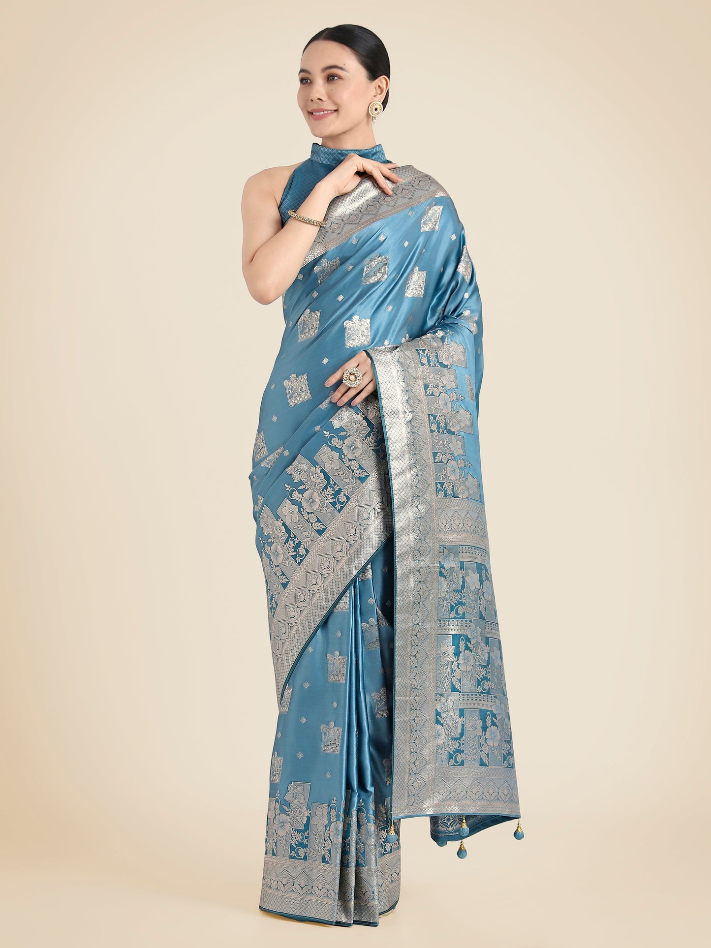 Monjolika Fashion Cyan blue Pink Color Banarasi Satin Silk Zari Weaving Festival Saree | Swadesiicart